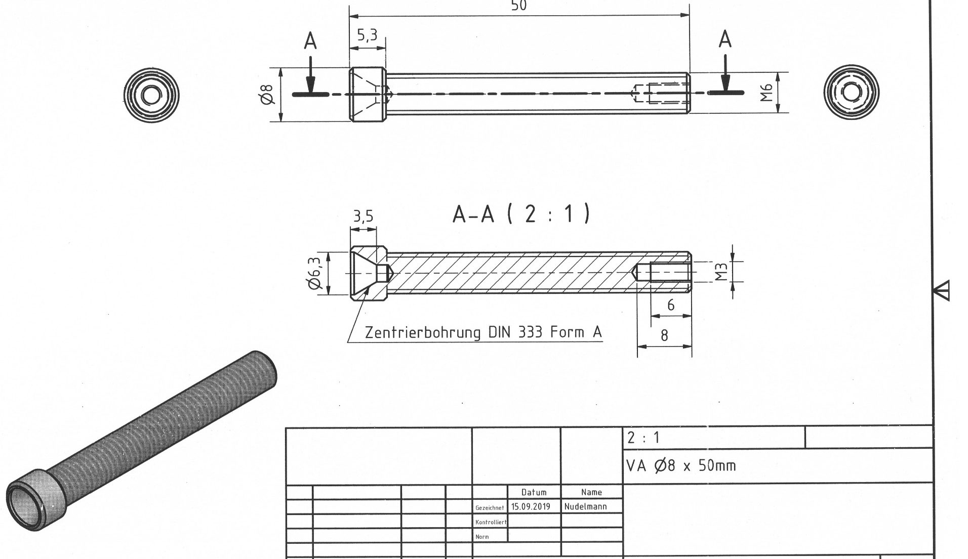 Technische Zeichnung mit Abmessungen und Details eines mechanischen Bauteils.